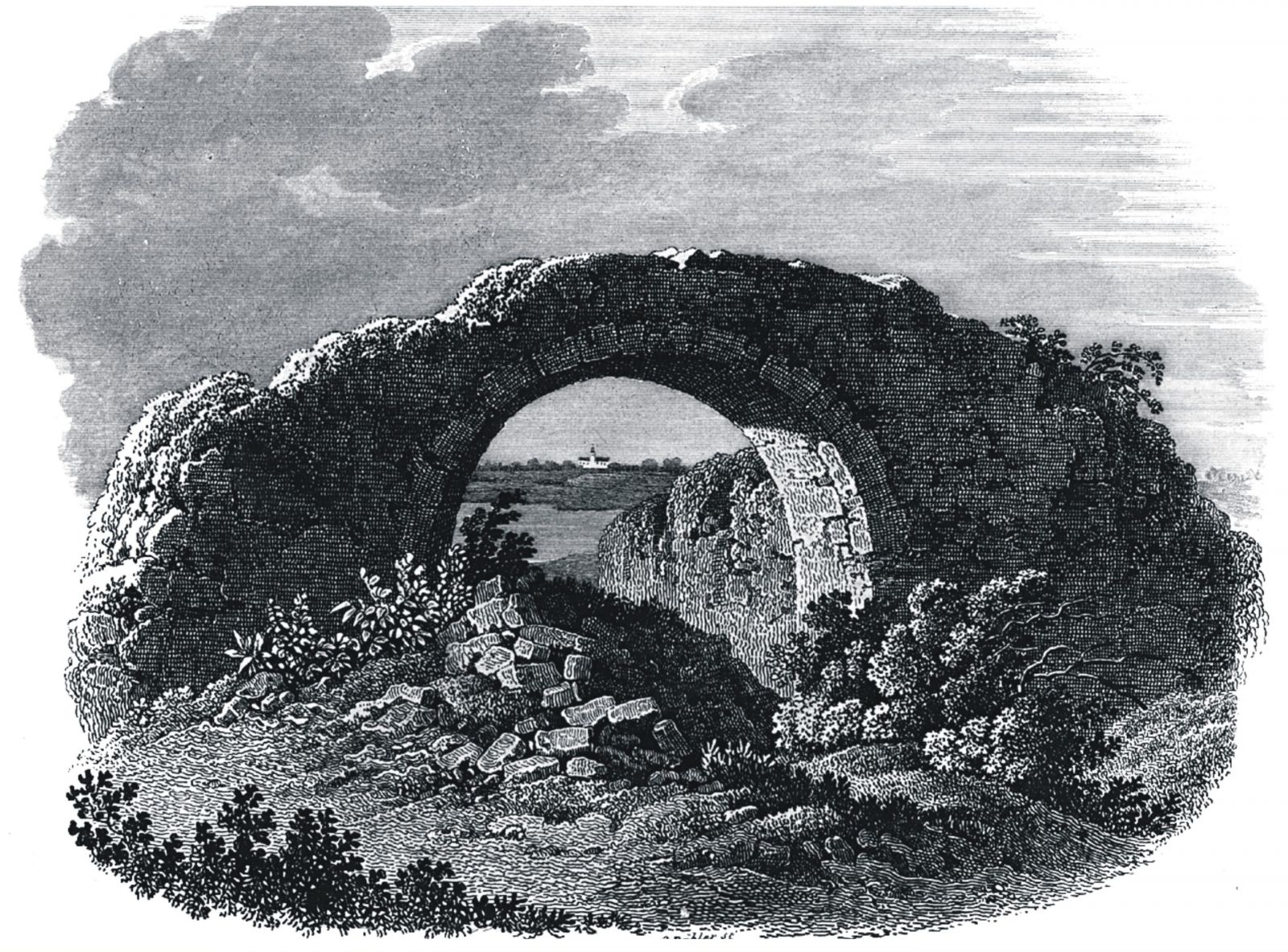 Rycina, ruiny palatium na Ostrowie Lednickim